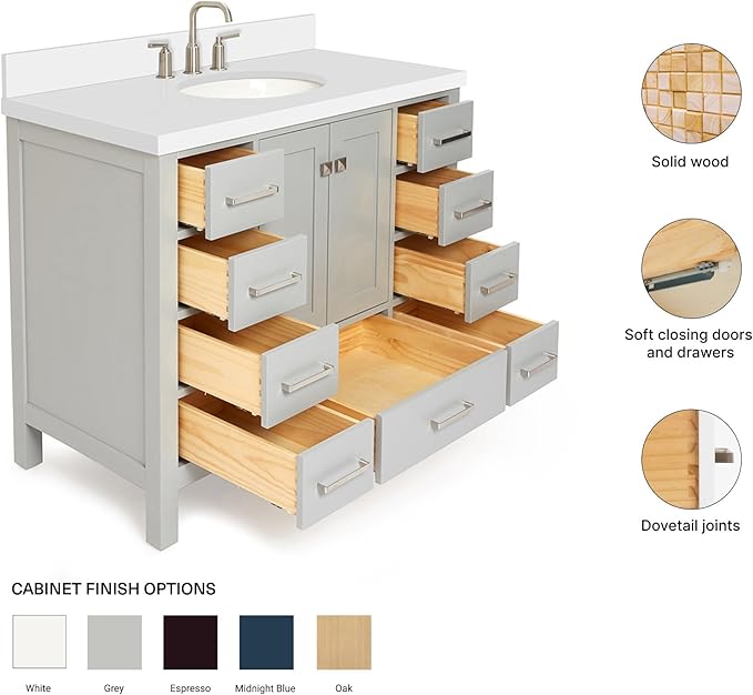 ARIEL Cambridge 42-inch Bathroom Vanity with Sink,Solid Wood, 1.5-inch Pure White Quartz Countertop & Backsplash, Single Oval Porcelain Sink, 2 Soft Closing Doors, 9 Dovetail Drawers, Grey