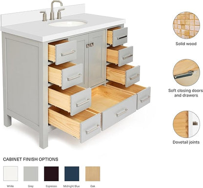 ARIEL Cambridge 42-inch Bathroom Vanity with Sink,Solid Wood, 1.5-inch Pure White Quartz Countertop & Backsplash, Single Oval Porcelain Sink, 2 Soft Closing Doors, 9 Dovetail Drawers, Grey