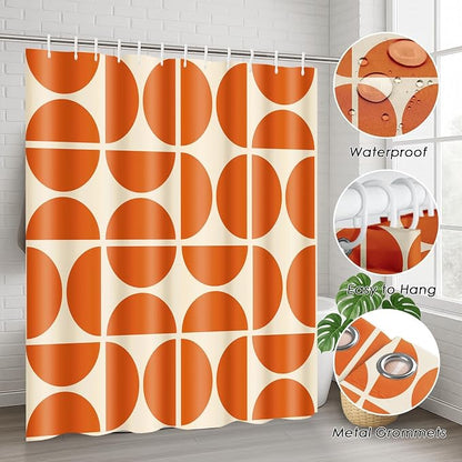 Bathroom Sets with Shower Curtain and Rugs, 4 Pcs, Minimalist Boho | Abstract Vintage Geometric Bathroom Decor Set with Toilet Lid Cover, Non-Slip Bath Mats and Accessories 12 Hooks