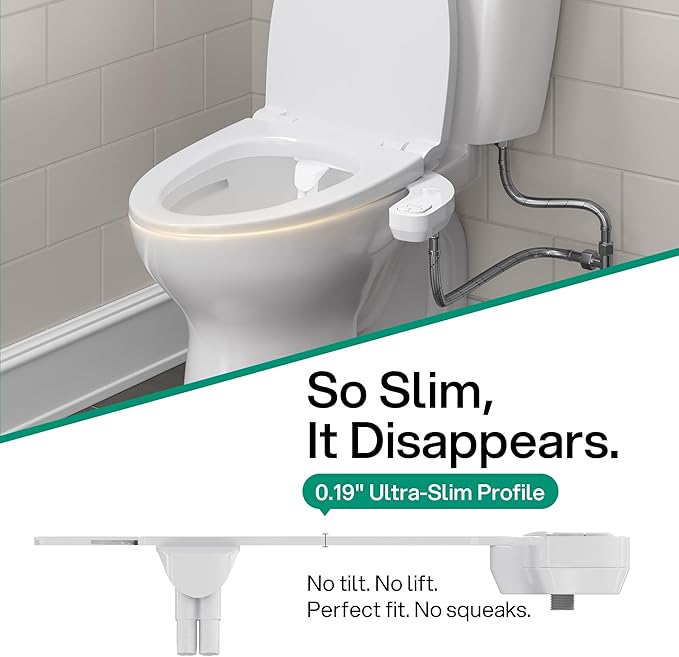 hansrapo Left-Hand Bidet Attachment– Non-Electric Dual Nozzle for Rear & Feminine Wash, Adjustable Pressure & Flow, Ultra-Slim Design,Independent Self-Clean Function, Quick-Release for Easy Cleaning