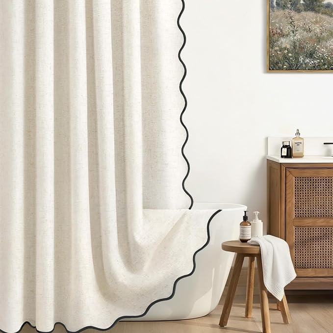Scalloped Shower Curtain Linen Boho Flax White 72" W x 72" L | Linen Fabric, Black Border, Washable, Heavy Duty Cloth, Shower Curtain for Boho Farmhouse Bathroom Bathtub