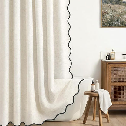 Scalloped Shower Curtain Linen Boho Flax White 72" W x 72" L | Linen Fabric, Black Border, Washable, Heavy Duty Cloth, Shower Curtain for Boho Farmhouse Bathroom Bathtub