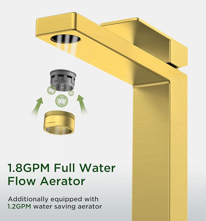 FORIOUS Vessel Sink Faucet Single Hole, Brushed Gold Tall Bathroom Faucets | Modern Tall Single Handle Space Saving Design, with Pop up Drain for Basin Bowl Vanity Lavatory Residential/Commercial Use