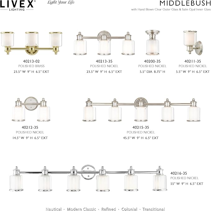 Livex Lighting 40213-35 Middlebush Collection 3-Light Bathroom Vanity Light with Double Shaded Hand Crafted Glass Shades, Polished Nickel, 23.5 x 6.5 x 9