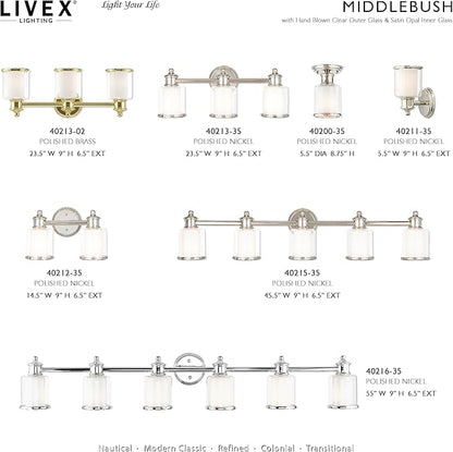 Livex Lighting 40213-35 Middlebush Collection 3-Light Bathroom Vanity Light with Double Shaded Hand Crafted Glass Shades, Polished Nickel, 23.5 x 6.5 x 9