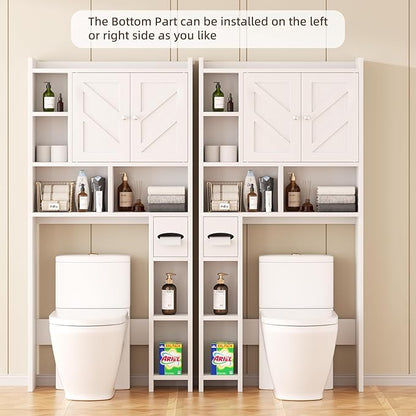 Shintenchi Over the Toilet Storage Cabinet, Bathroom Storage Cabient with Barn Doors, Bathroom Storage Shelf Organizer with Toilet Paper Holder, Adjustable Shelf and Anti-Tip Device, White
