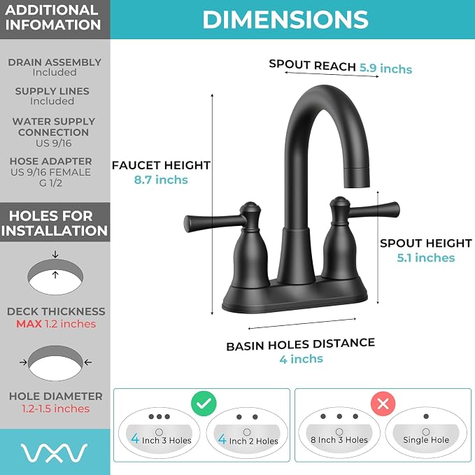 VXV Bathroom Sink Faucet 4 Inch 2 Handle Vintage Antique Lavatory Vanity Mixer Tap 360 Rotating with Pop-up Drain and Water Hoses Matte Black