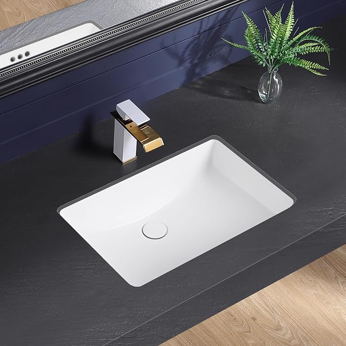 Undermount Bathroom Sink 24x16 Inch Small Bathroom Sink White Porcelain Ceramic Bathroom Under Counter Lavatory Vanity Sink Basin Rectangular Undermount Sinks with Overflow