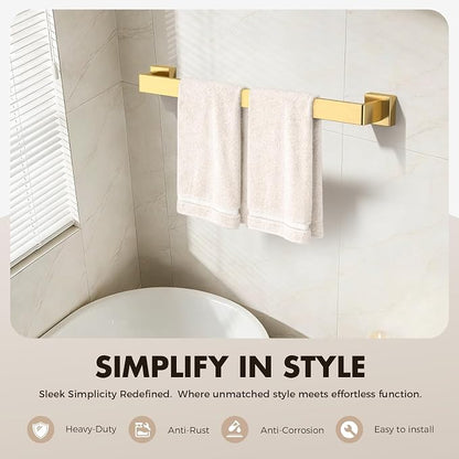 15-Pieces Gold Bathroom Accessories Set, 24 Inch Towel Bar Set | Stainless Steel, Towel Ring, Toilet Paper Holder, Robe Hooks, Towel Racks for Bathroom Wall Mounted, Bathroom Hardware Set