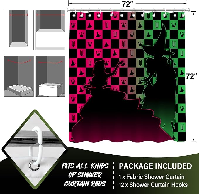 Pink Green Witchy Checkered Magic Hat Crown Shower Curtain Set 72x72 Inches | Pink Green Witchy Magic Hat Crown Checkered Print, Tv Show Home Guest Housewarming Fantasy Fan Bathroom Decor, With Hooks