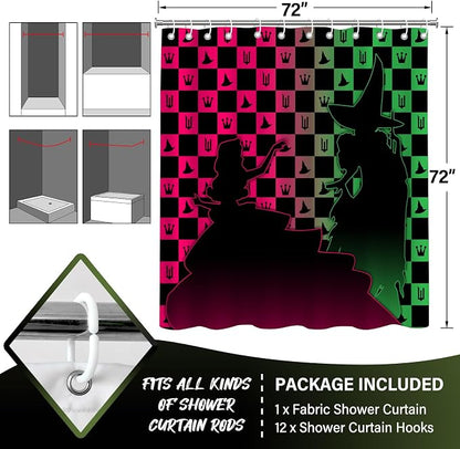 Pink Green Witchy Checkered Magic Hat Crown Shower Curtain Set 72x72 Inches | Pink Green Witchy Magic Hat Crown Checkered Print, Tv Show Home Guest Housewarming Fantasy Fan Bathroom Decor, With Hooks