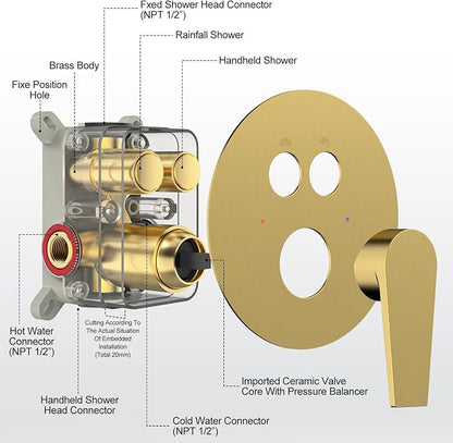 SR SUN RISE 12" Brushed Gold Rain Shower Faucet Set with Valve & Handheld | Dual-function High Pressure Shower System, 6-Setting Handheld, Pressure-balanced Valve Anti-Scald, Push-button Diverter