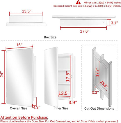 Fundin White Plastic Medicine Cabinet, Mirror Door with Round Corner Metal Frame, Recessed and Surface Mount Bathroom Wall Medicine Cabinet, 16 x 24 inch Mirror Size
