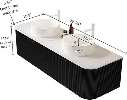 60'' Bathroom Vanities Cabinet with Sink, Wall Mounted Floating Cabinet W/Curved Edges Stripes, Oak Plywood, Soft-Close System with 2 Drawer & 2 White Round Ceramic Basin - Kiel, Black