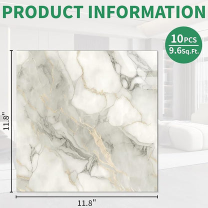 10pcs Marble Peel and Stick Backsplash Wall Tiles, Waterproof Shower Wall Panels, 11.8"x11.8" Peel and Stick Tile for Home Bathroom, Kitchen, Washroom, Living Room, White and Gold (Not Real Tile)