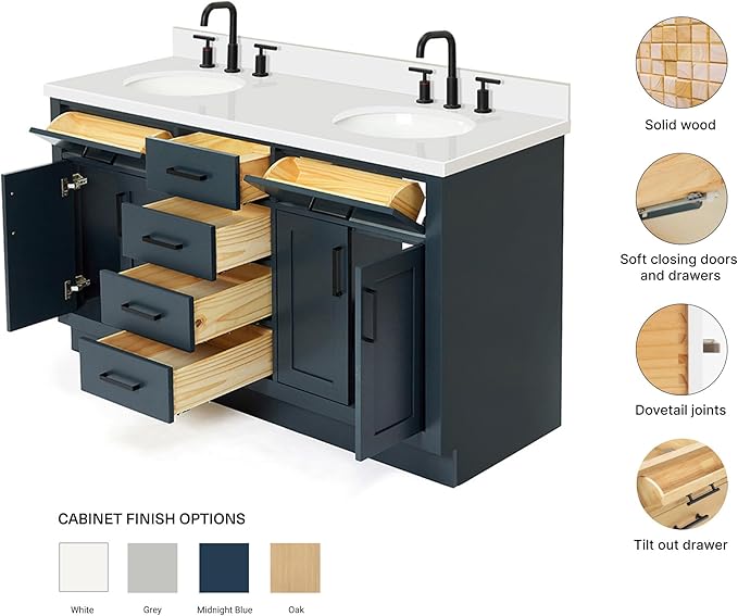 ARIEL Hepburn 60-inch Bathroom Vanity with Sink,Solid Wood, 1.5-inch Pure White Quartz Countertop & Backsplash, Double Oval Porcelain Sink, 4 Soft Closing Doors, 6 Dovetail Drawers, Midnight Blue