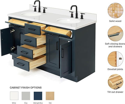 ARIEL Hepburn 60-inch Bathroom Vanity with Sink,Solid Wood, 1.5-inch Pure White Quartz Countertop & Backsplash, Double Oval Porcelain Sink, 4 Soft Closing Doors, 6 Dovetail Drawers, Midnight Blue