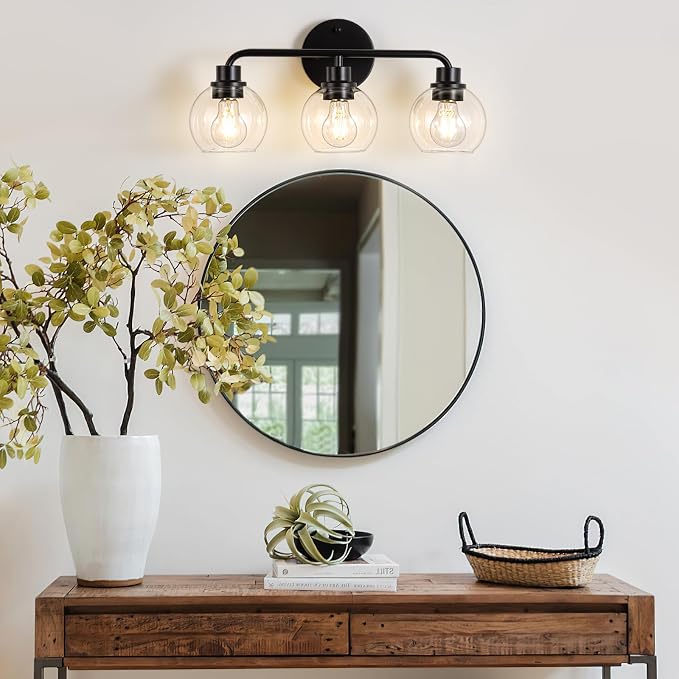 Bathroom Light Fixtures Black Vanity Light, 3 Light Modern Wall Sconces Lighting Bathroom Lights with Globe Clear Glass Shades, Bath Wall Lights Wall Lamp for Mirror Kitchen Living Room Hallway | Wall Sconces Lighting with Globe Clear Glass Shades, Bat...