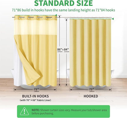 eachope No Hook Linen Texture Shower Curtain with Snap-in Liner,71x86 Gold | Extra Long,230GSM Thick Fabric,Hotel Luxury Decor,Mesh Top Window,Bottom Magnetic,Waterproof & Machine Washable,for Bathroom