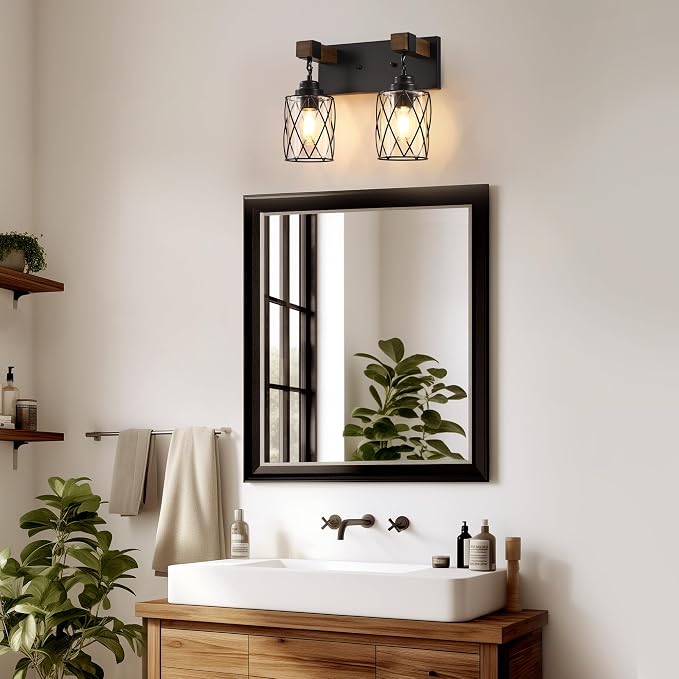 Bathroom Light Fixtures,Farmhouse Black Metal with Glass Shade | 2 Light Rustic Vanity Lights, Wood Accent Wire Cage Design, Mounts Over Mirror, Ideal for Bedroom & Hallway,Easy to Install