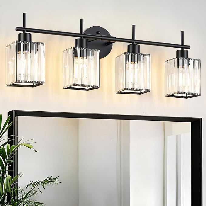 Black Bathroom Light Fixtures, Square, 4-Light | Vanity Lights with Crystal Shades, Modern Bathroom Lighting Fixtures over Mirror (Bulbs Not Included, E26)