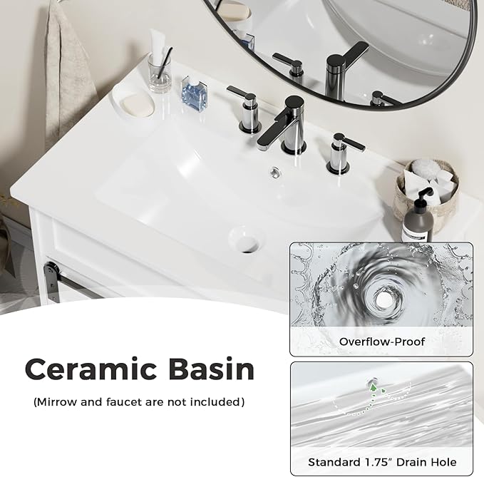 30" Bathroom Vanity with Sink, Bathroom Vanity Set with Sliding Barn Door & 3 Drawers, Freestanding Bathroom Vanities with Metal Handle, Farmhouse Bathroom Cabinet, White