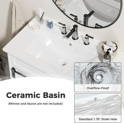 30" Bathroom Vanity with Sink, Bathroom Vanity Set with Sliding Barn Door & 3 Drawers, Freestanding Bathroom Vanities with Metal Handle, Farmhouse Bathroom Cabinet, White