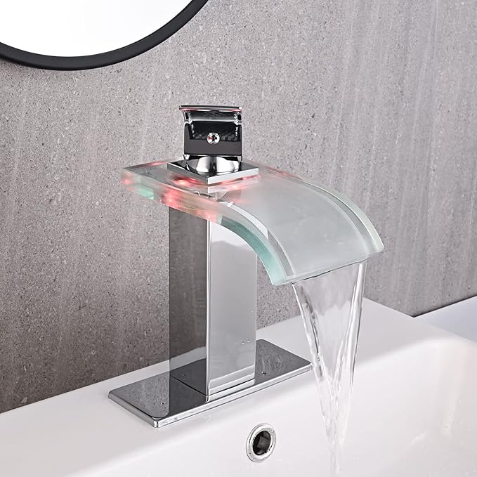 LED Bathroom Sink Faucet, Chrome Waterfall Single Hole Handle Vanity Faucets for Sinks 1 Hole with Metal Pop Up Drain and 2 Water Supply Lines, Wide Glass Spout