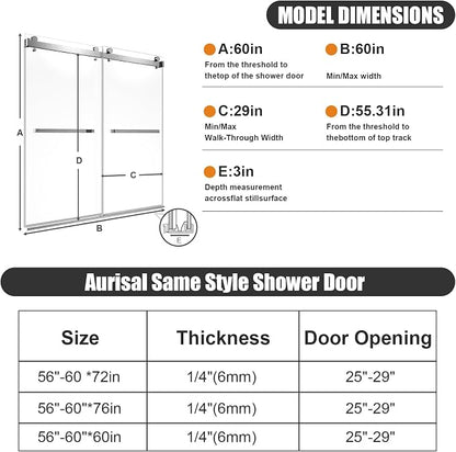 Frameless Sliding Bathtub Shower Door 60" W x 60" H, 1/4" (6mm) Clear Tempered Glass Tub Shower Door, Double Sliding Glass Shower Door with Full Stainless Steel Hardware, Brushed Nickel