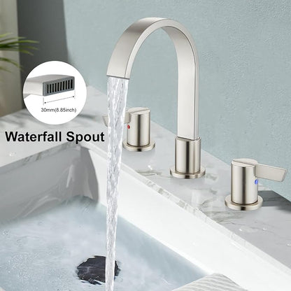 Midanya 8 Inch Widespread Bathroom Sink Faucet 3 Hole,Brushed Nickel | Waterfall Swivel Spout,2 Handle,SUS304,with Pop Up Drain,cUPC 24" Water Hose,for 6-16” hole distance vanity,RV,Farmhouse Sink