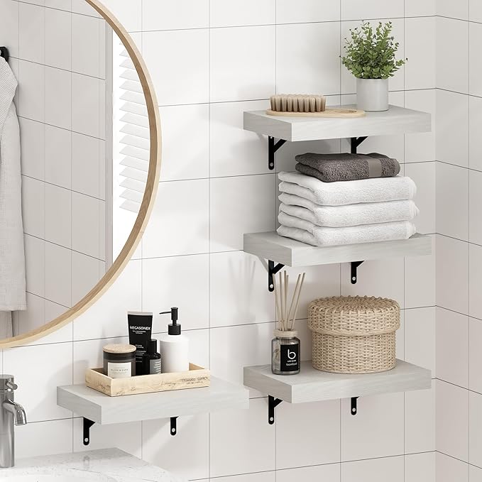 Furinno Tanna Floating Shelves for Wall Set of 4, 15-Inch Bathroom Wall Shelf, Wall Mounted Shelf, for Bathroom Organizers and Storage, Living Room, White Texture