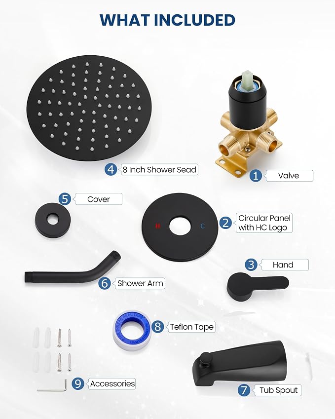Airuida Shower Faucet Set with Tub Spout,8" Bathtub Faucet-Matte Black | Male Threads Rough-In Valve,Round Head Shower System,Tub and Shower Kit Set