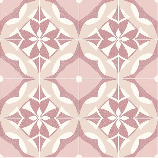 Pink Floral Geometric Peel and Stick Floor Tiles 12x12 Inch 10PCS | Pink and white floral geometric tile pattern vinyl floor stickers for kitchen bathroom entryway and indoor home decor
