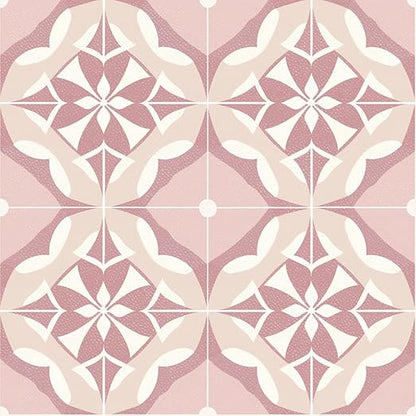 Pink Floral Geometric Peel and Stick Floor Tiles 12x12 Inch 10PCS | Pink and white floral geometric tile pattern vinyl floor stickers for kitchen bathroom entryway and indoor home decor