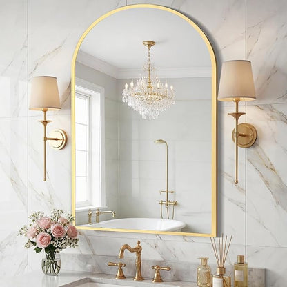 Sweetcrispy 26"x38" Arched Bathroom Mirror, Bathroom Mirrors for Over Sink | Modern Wall Mirrors Arch Decorative for Entryway, Bedroom, Vanity,Horizontal or Vertical Hanging, Gold