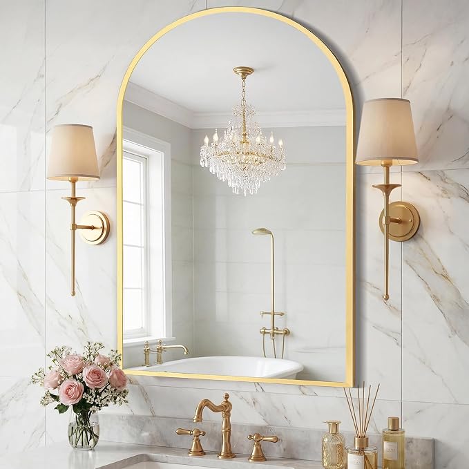 Sweetcrispy 26"x38" Arched Bathroom Mirror, Bathroom Mirrors for Over Sink | Modern Wall Mirrors Arch Decorative for Entryway, Bedroom, Vanity,Horizontal or Vertical Hanging, Gold
