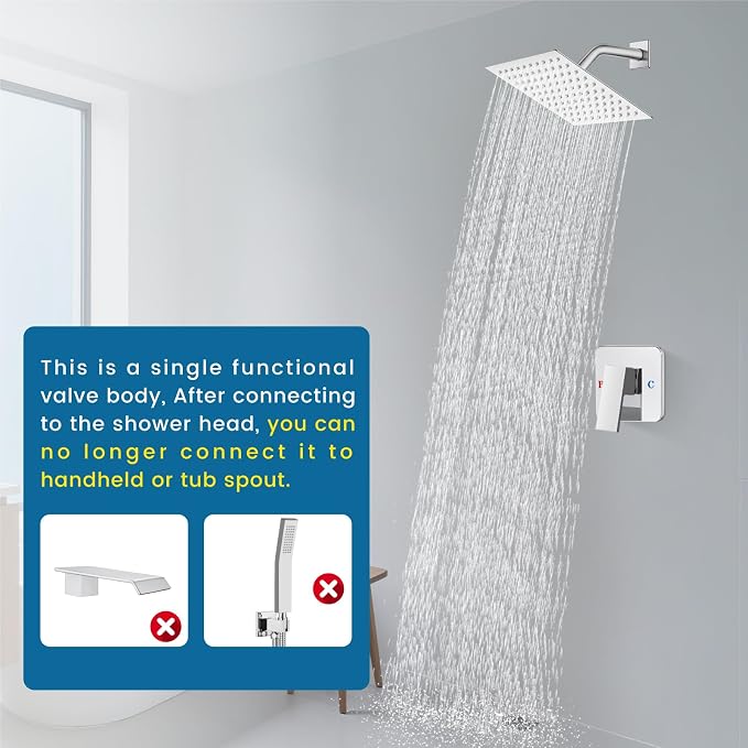 Polished Chrome Shower Faucet Set, 8 Inch Rain Shower System with Valve | Complete Rain Shower Set with Valve, Single Handle Wall Mount Design