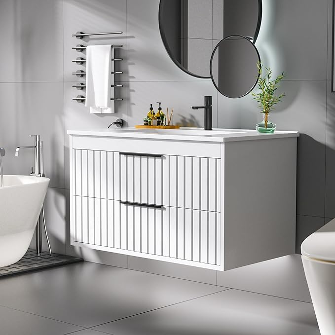 30" Bathroom Vanity with Sink, Floating Vanity Bathroom Sink Cabinet Wall Mount, Soft-Close Function 2 Large Drawers, Grooved Stripe Design, Hidden Damping Drawers, White