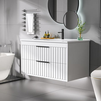 30" Bathroom Vanity with Sink, Floating Vanity Bathroom Sink Cabinet Wall Mount, Soft-Close Function 2 Large Drawers, Grooved Stripe Design, Hidden Damping Drawers, White