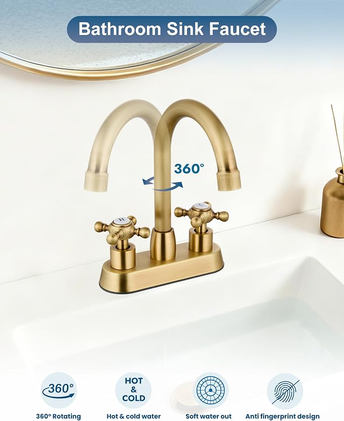 Antique Brass 4 Inch Centerset Bathroom Faucet, Vintage Bathroom Faucet | Lead-Free SUS304 Stainless Steel 4-Inch Vanity Faucet for 2 or 3-Hole Sinks, Cross Handle Design with 360° Swivel Spout