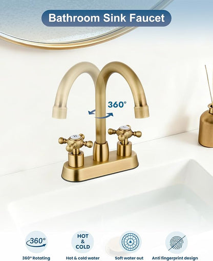 Antique Brass 4 Inch Centerset Bathroom Faucet, Vintage Bathroom Faucet | Lead-Free SUS304 Stainless Steel 4-Inch Vanity Faucet for 2 or 3-Hole Sinks, Cross Handle Design with 360° Swivel Spout