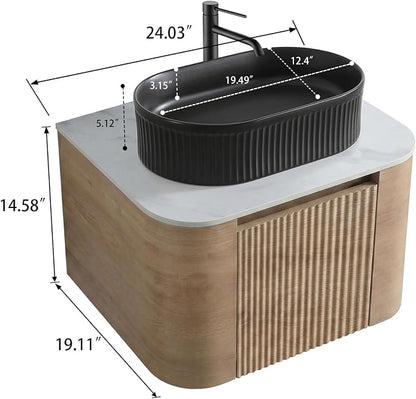 24" Preassembled Floating Bathroom Vanity with Black Sink, Oak | Mid-Century Modern Style, Fluted & Soft-Close Drawer with U-shaped Wall, Sinterted Stone Countertop, Towel Rack Included