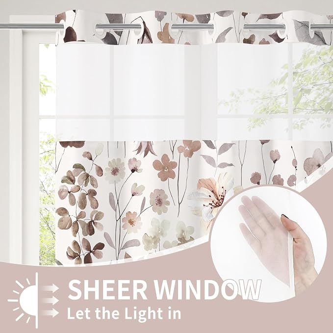 Litabel No Hook Brown Watercolor Floral Shower Curtain and Liner Set, 36x74 | Spring Flower Shower Curtains with Snap-in Liner for Farmhouse Bathroom Decor, Botanical Bathroom Curtain with Leaves