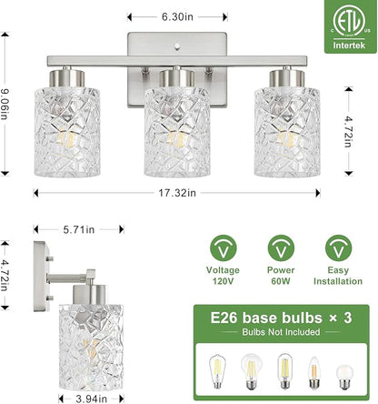 3-Light Bathroom Light Fixtures, Brushed Nickel Vanity Lights Over Mirror | Wall Sconces with Clear Textured Glass Shades for Living Room Bedroom Hallway,E26 Base (Bulbs Not Included)