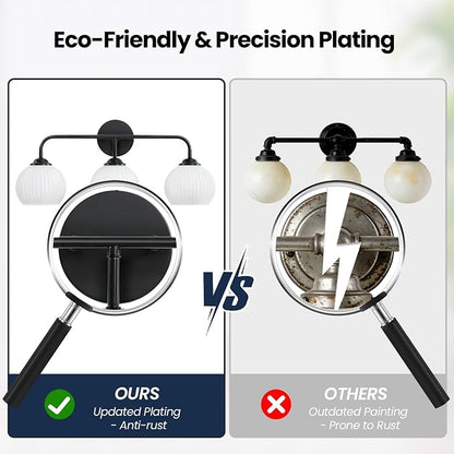 RUIYEY Bathroom Vanity Light Fixtures: 3-Light Lantern Black Vanity Lights for Bathroom Over Mirror, Farmhouse Wall Sconce Lighting with Frosted Milky Glass for Kitchen (Exclude Bulb)