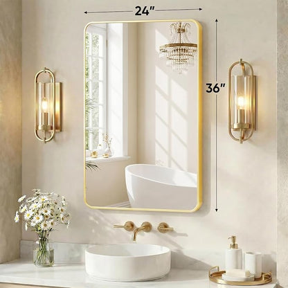 Sweetcrispy Bathroom Mirror for Over Sink, Vanity Wall Mirrors, 24x36 Inch | Matte Metal Frame, Rounded Rectangle, Wall Mirror for Home Decor, Living Room Bedroom, Gold