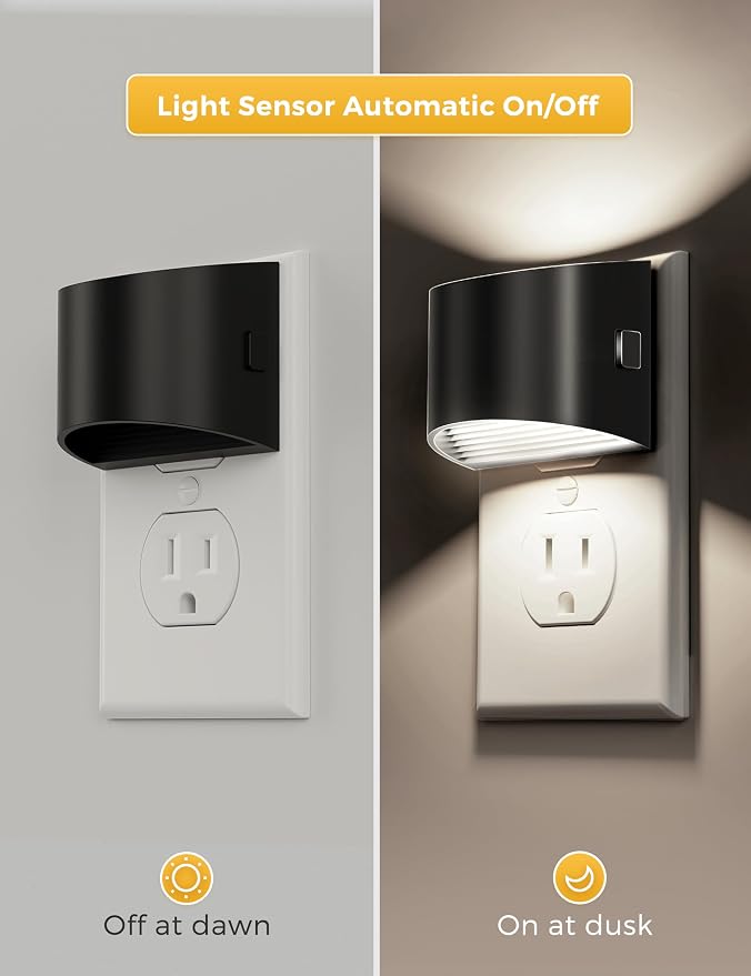 L LOHAS LED Night Lights Plug into Wall, Dimmable Night Light 2 Pack | Plug in Night Light with 3 Level Brightness, 5000K Daylight, Black Housing