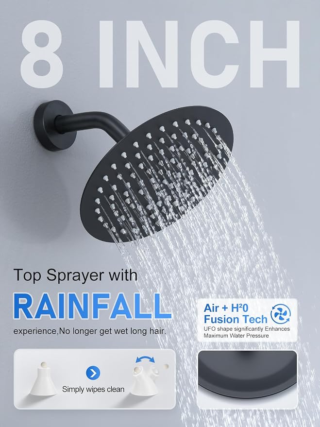 Woindo Shower Faucet Set with Slide Bar, 12" Rain Shower Head/8'' Side Shower Head and 10 Setting Handheld Ceiling Mount 3 Push Button Diverter Complete Rainfall Shower System Included Valve Trim Kit