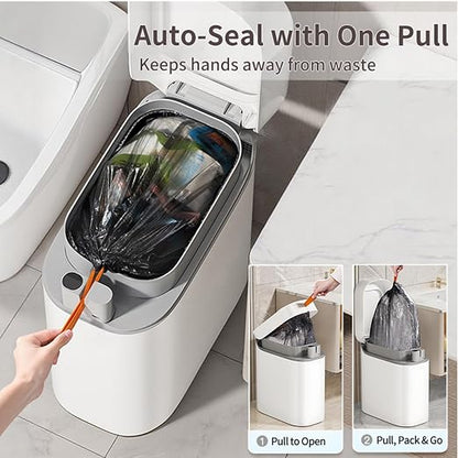 Touchless Bathroom Trash Can, 3.5 Gallon Small Slim Motion Sensor Automatic Garbage Bin with Lid, Rechargeable with Auto Bag Adsorption & One-Pull Sealing Trash Bin for Kitchen, Bedroom Office RV