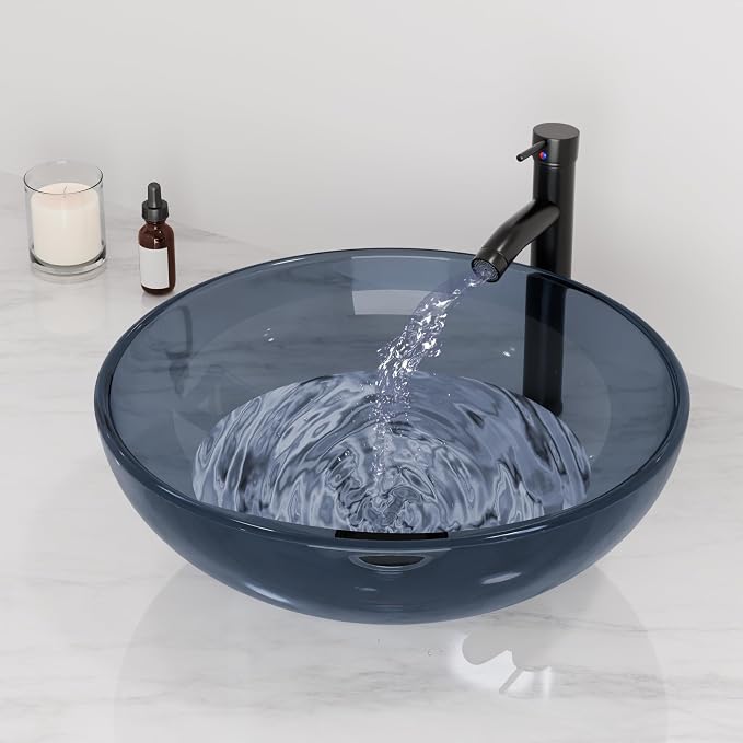 Design Vessel Sink Bathroom Sink above counter Small Vessel Sink Bathroom Sink Bowl Countertop Modern Sinks with faucet and drain combo 16.5" Round Transparent New